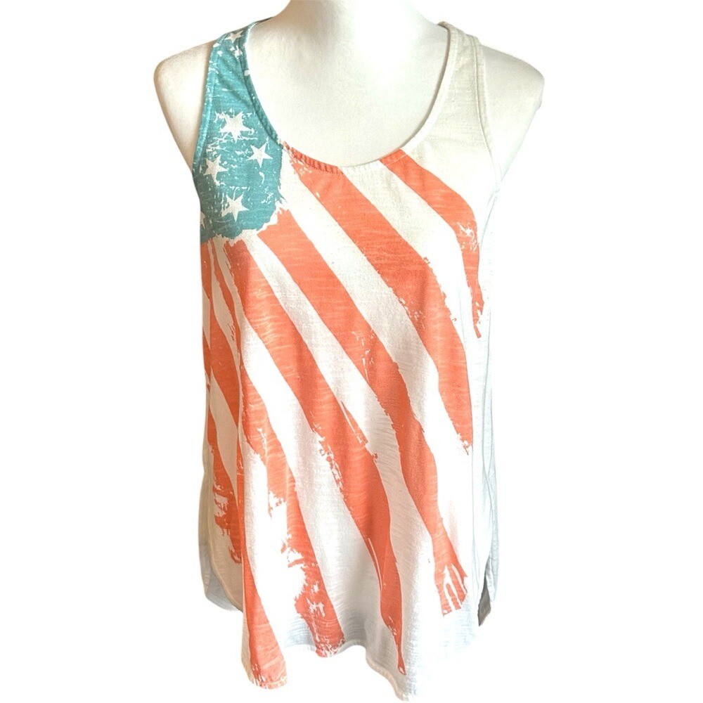 Roper Tank Top Women’s Large White with American Flag Design & Braided Rope Tie