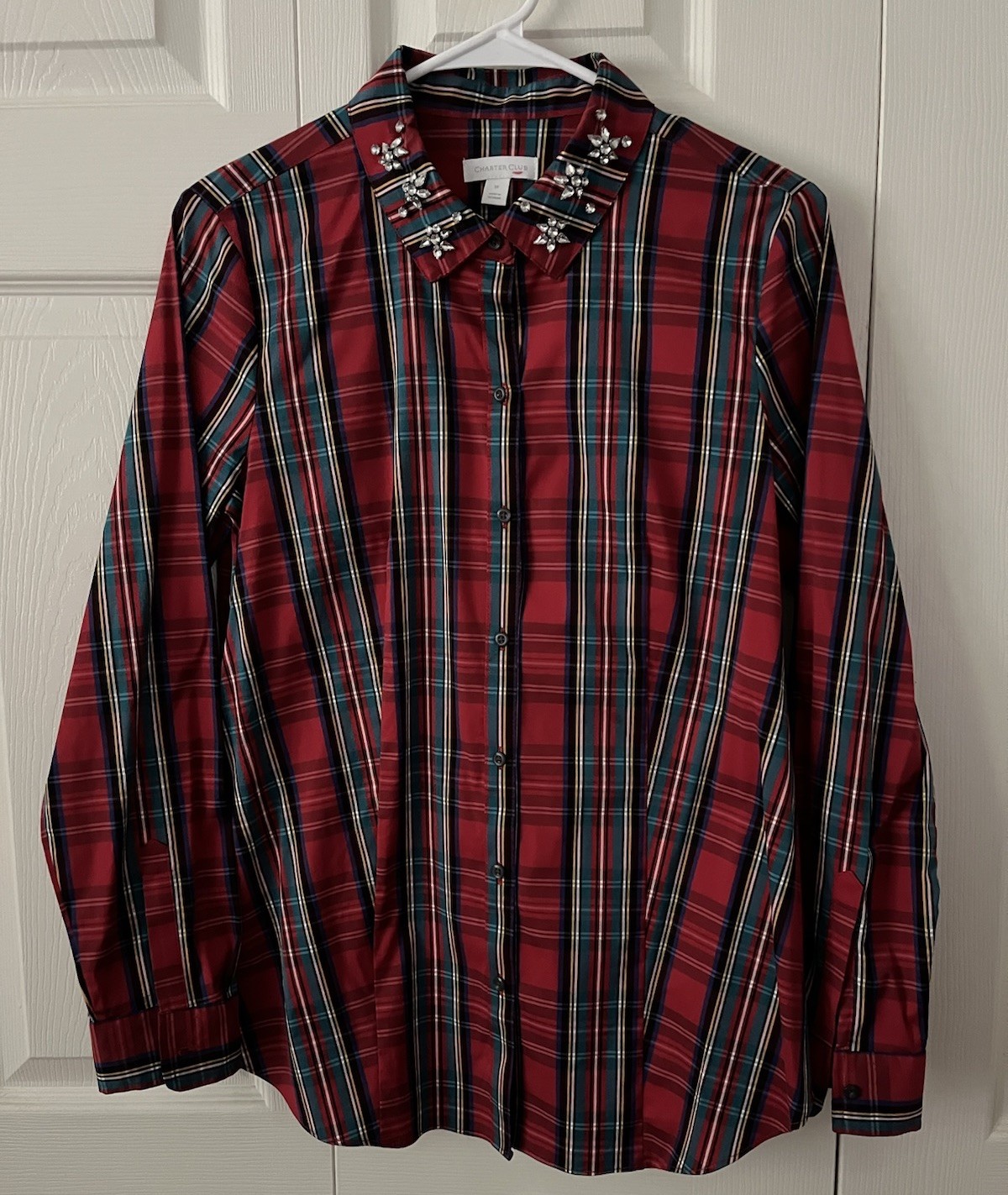 Charter Club Red Tartan Plaid Button Down Shirt, Rhinestone Collar, Size 10