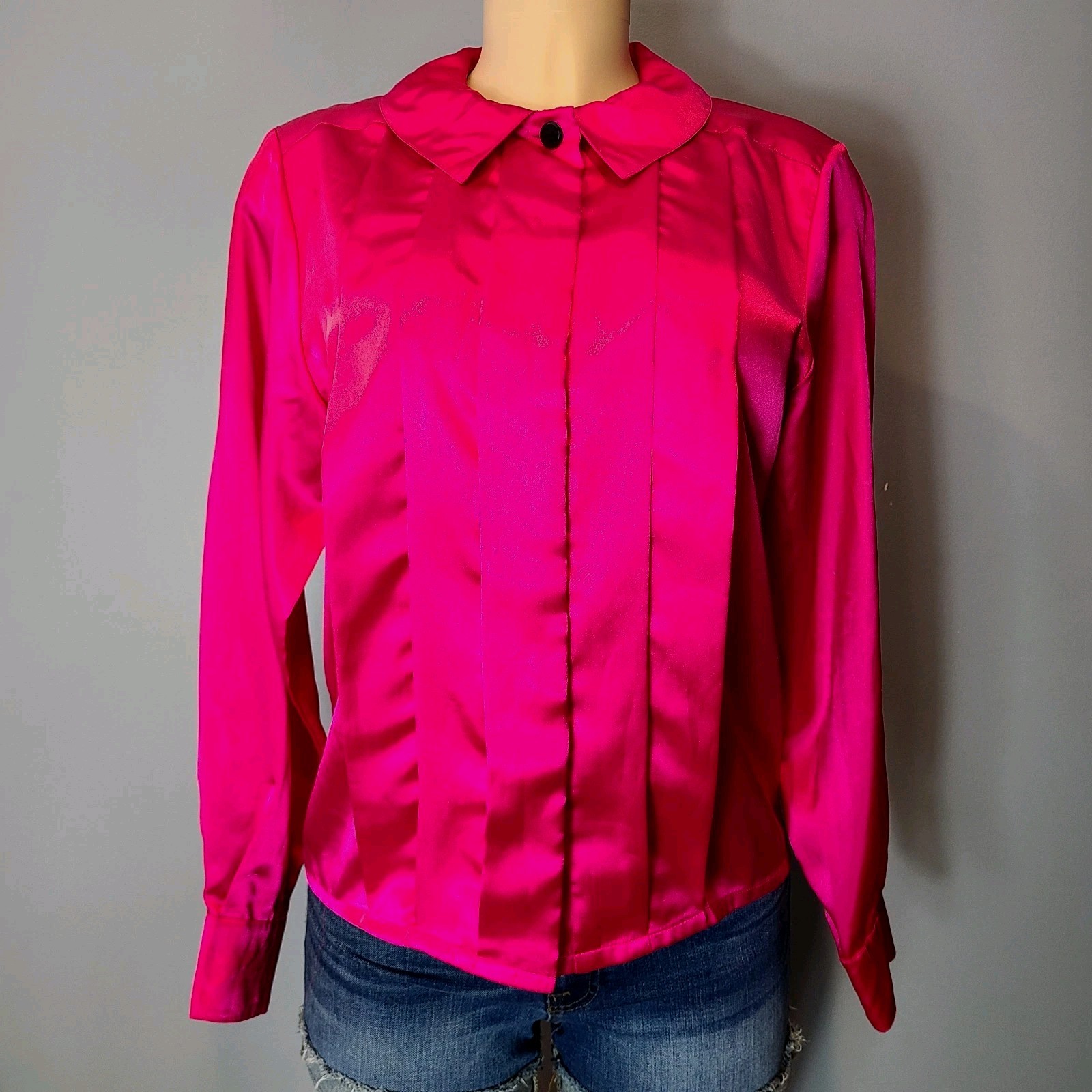Vtg 80s 90s Top Satin Pink Pleated Retro Pink Statement Tailored Collared Sz M