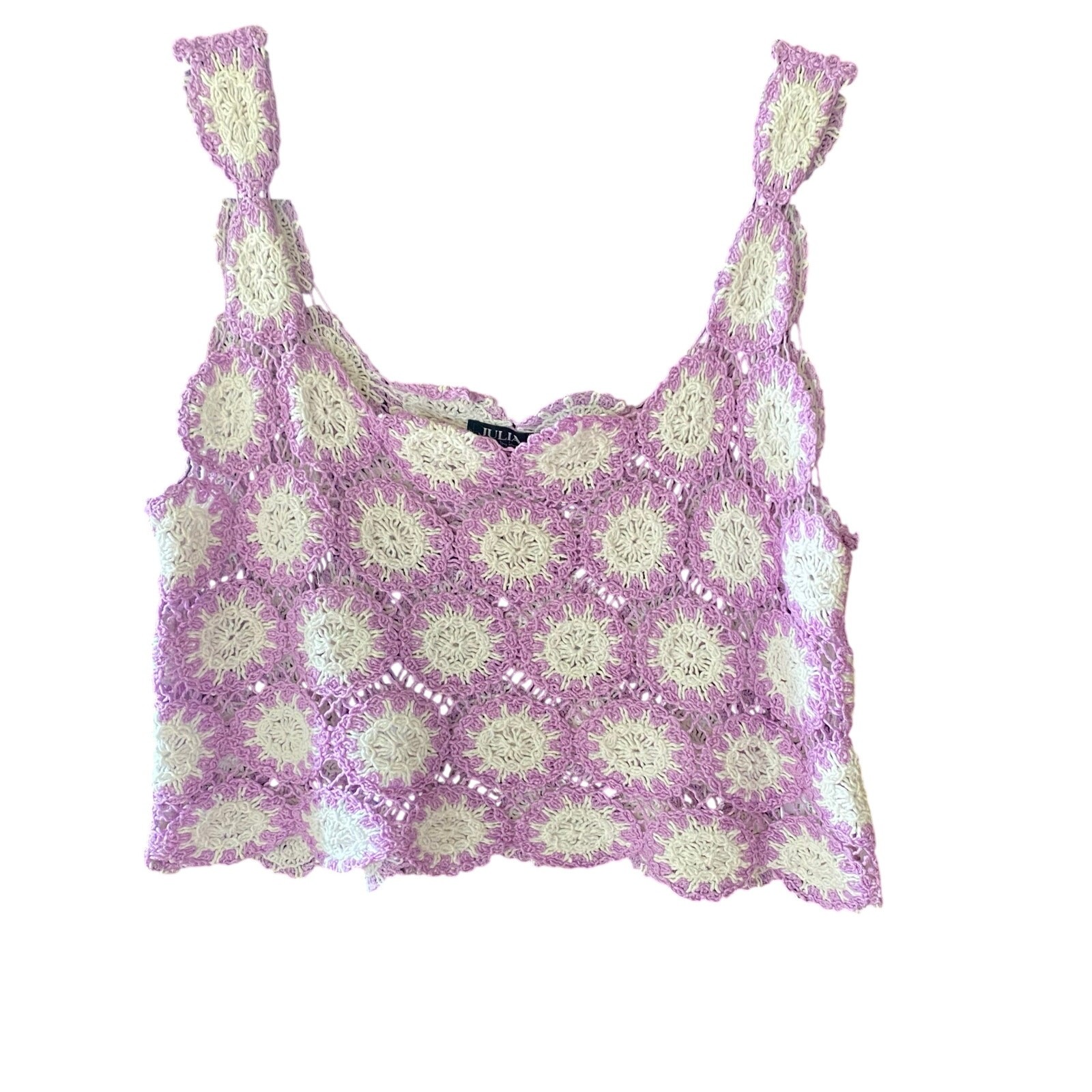 Crochet Cropped Top Sleeveless Julia by Love J Purple White Womens Size Large