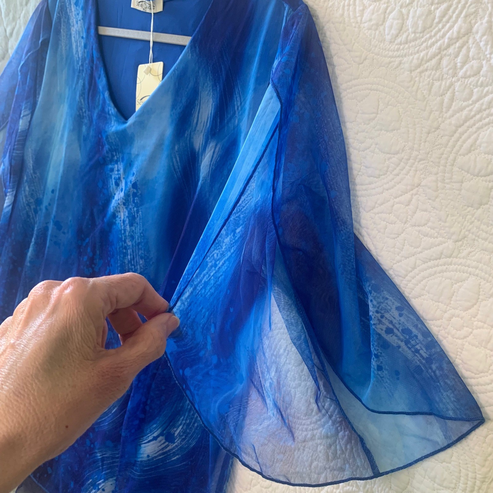 Sese Code W XL Blue Abstract Print Mesh Layered V-Neck Blouse Flutter Sleeve NWT