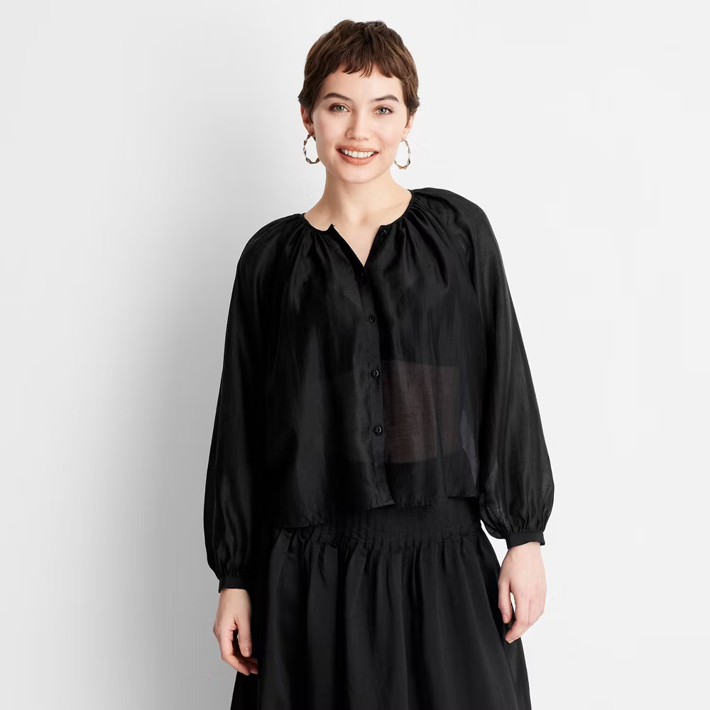 Women Balloon Long Sleeve Flowy Sheer Boho Top – Future Collective Black