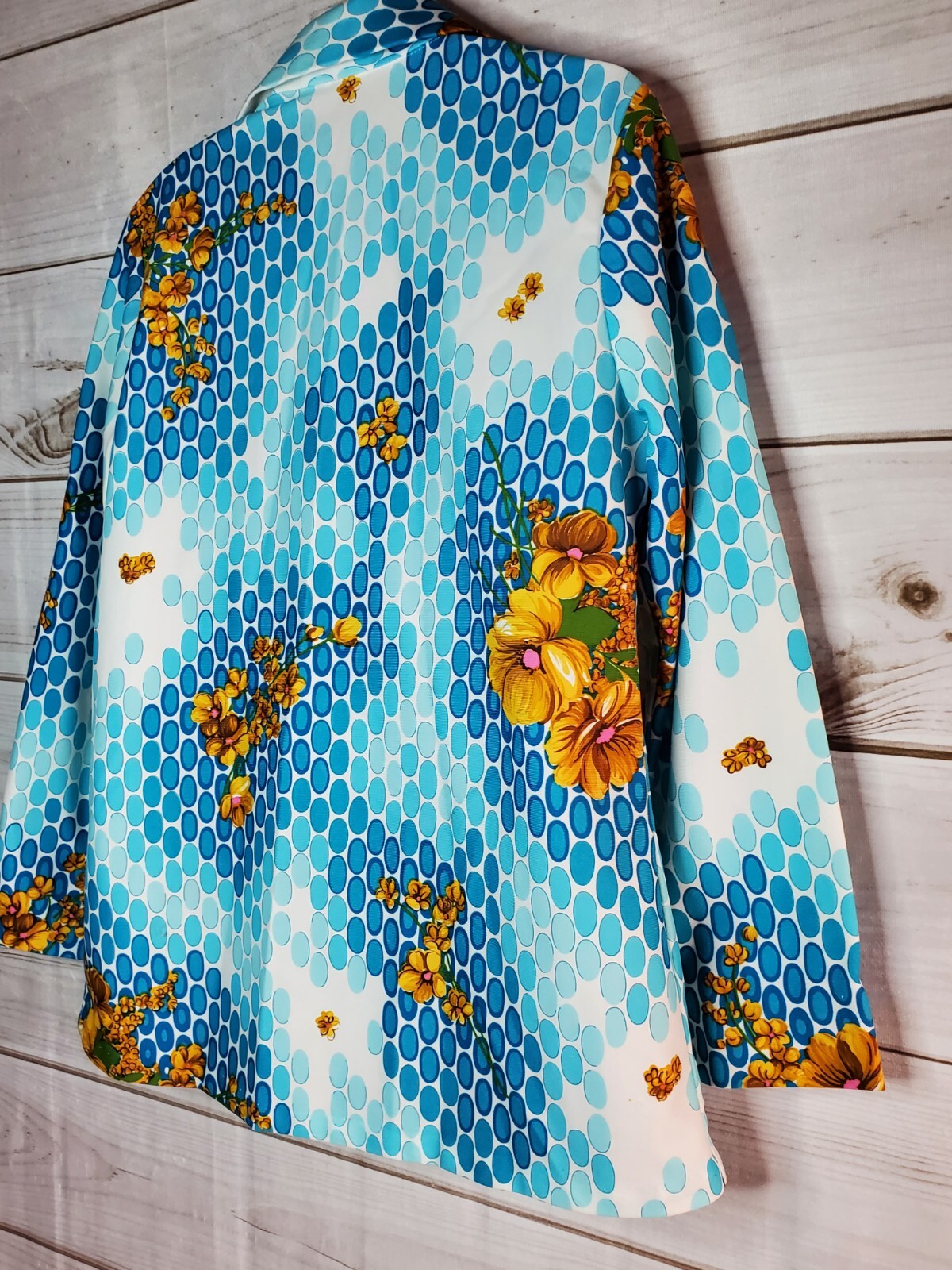 Vintage Hippie Shirt 60s 70s Polyester Flowers Boho Blue Retro Pointed Collar