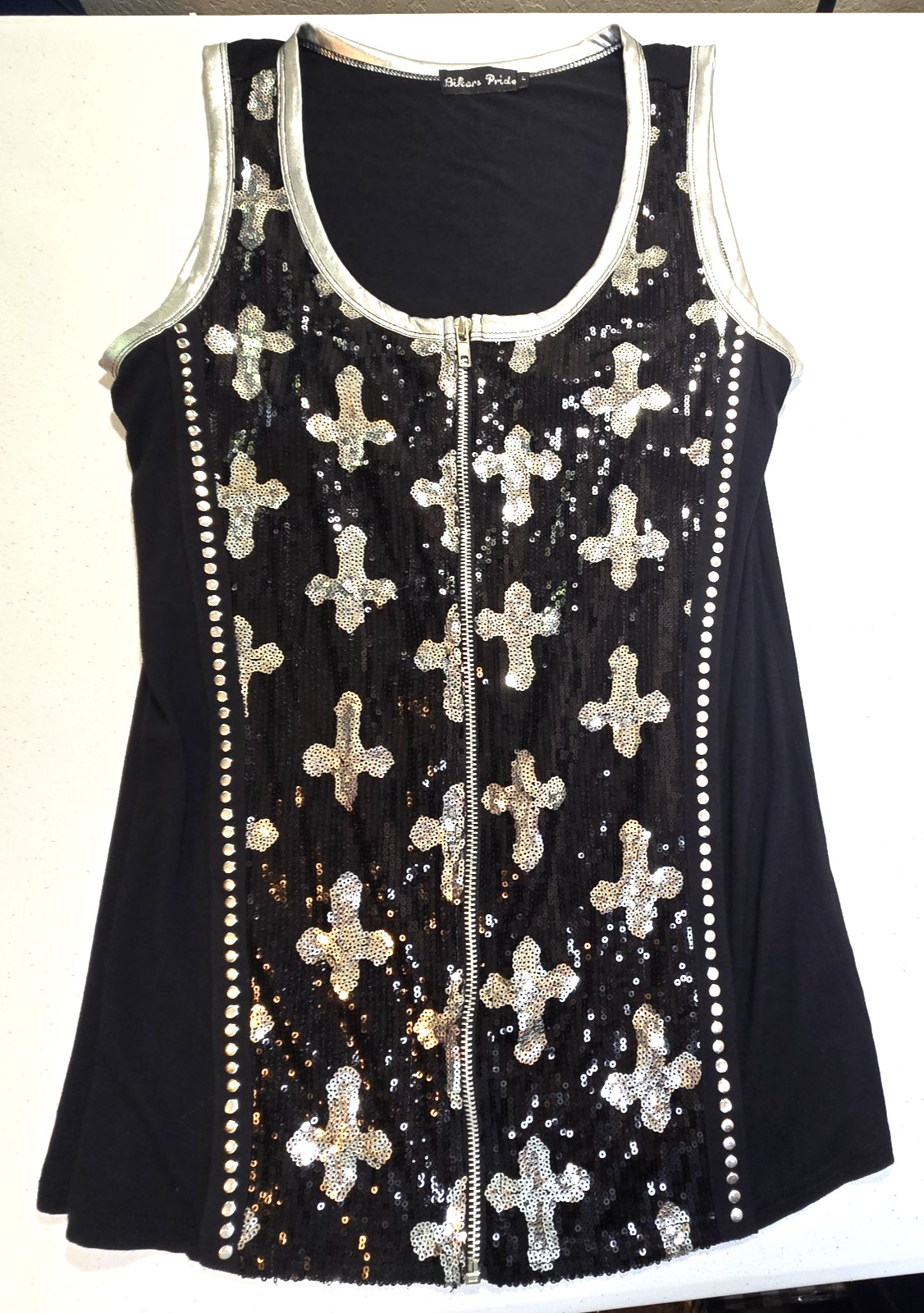 Bikers Pride Womens Black Sleeveless Zip Up Sequin Top w/ Crosses SIlver SZ L