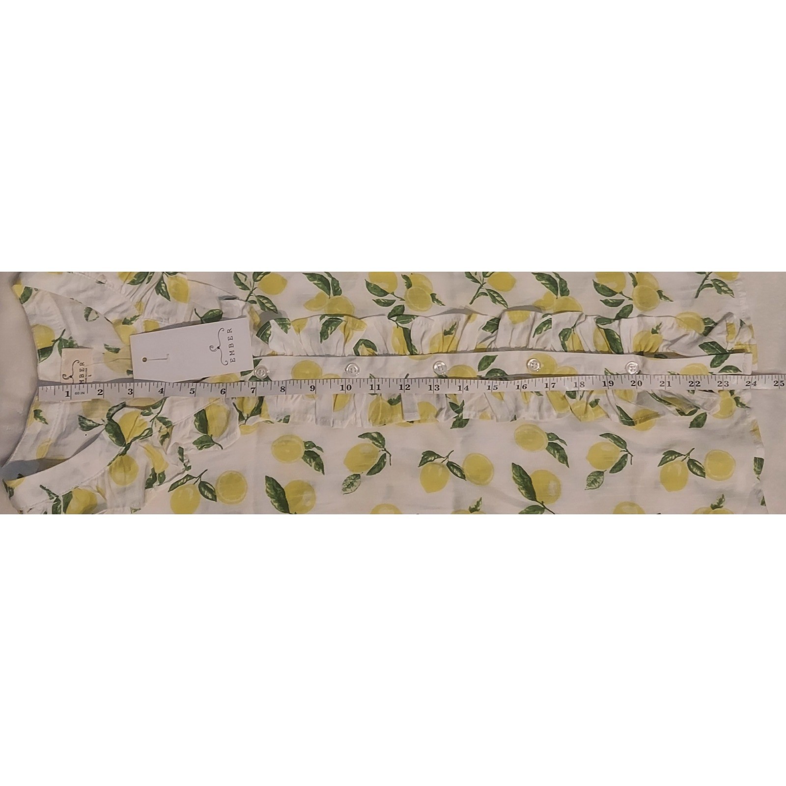 Ember Womens Lemon Print Sleeveless Ruffle Trim V-Neck Blouse Top Size Large NWT