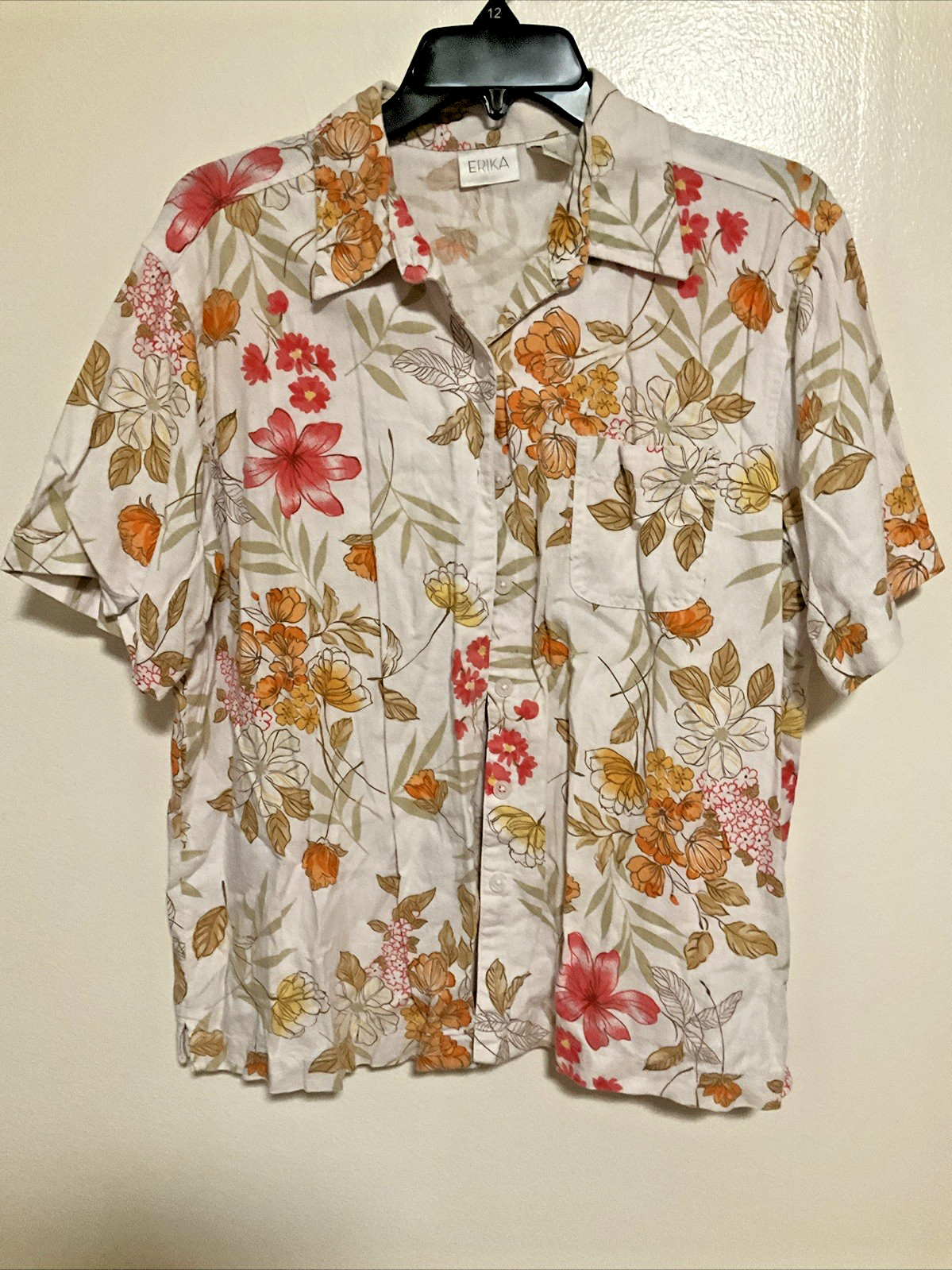 Erika Women’s L Floral Pink Orange Linen Blend Button Short Sleeve Shirt