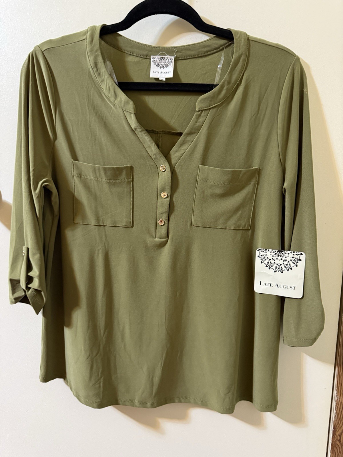 Late August Women’s Blouse Size M 3/4 Sleeve with Pockets On Front Olive Green