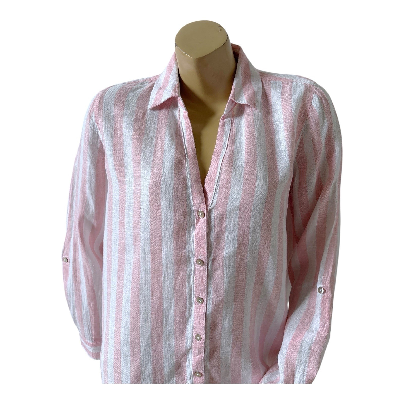C&C California Pink White Stripe Linen Button Up Tunic Convertible Sleeve Medium