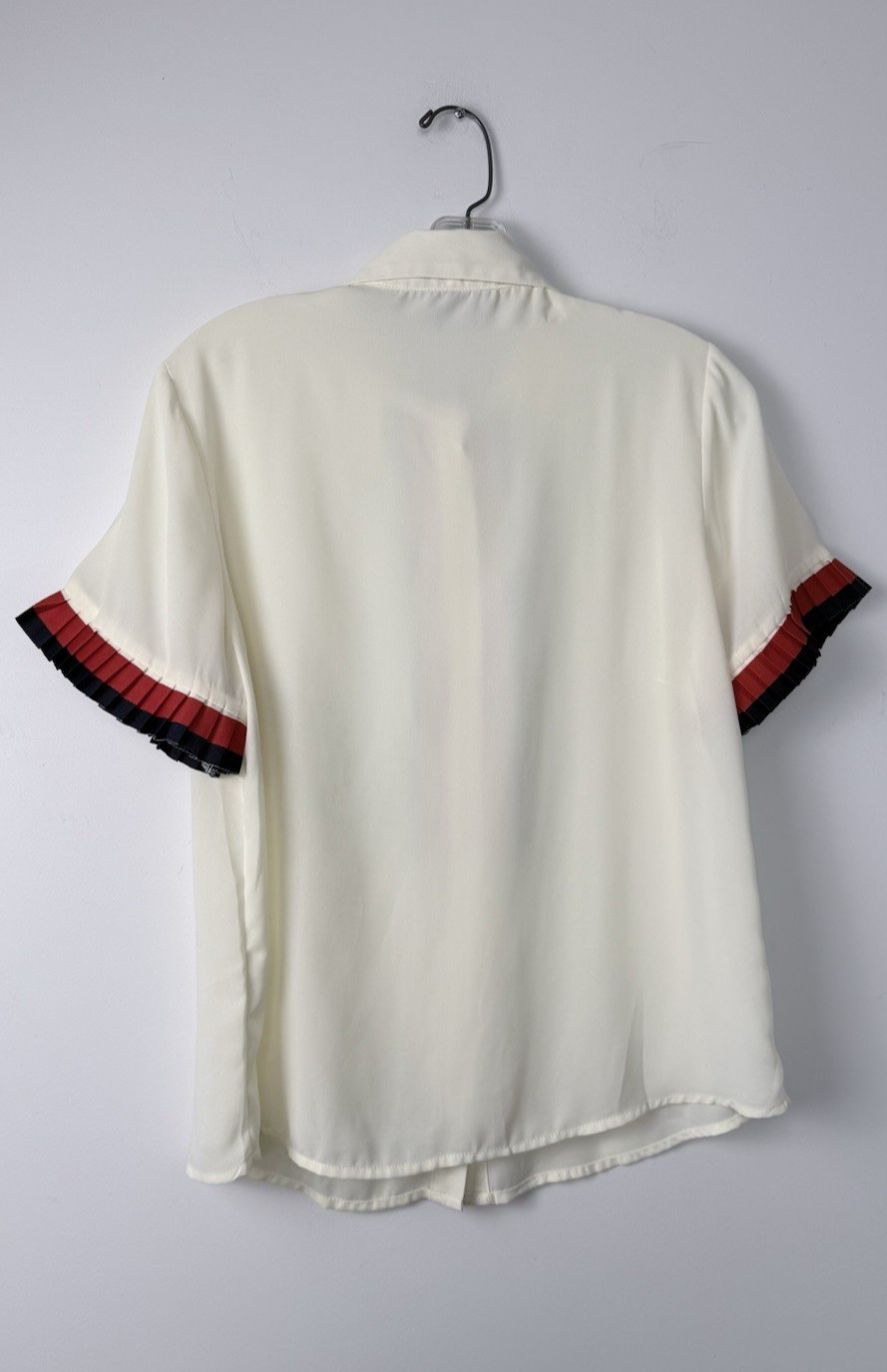 Gracia Blouse Size L Top Cream Pleated Ribbon Trim Blue Red