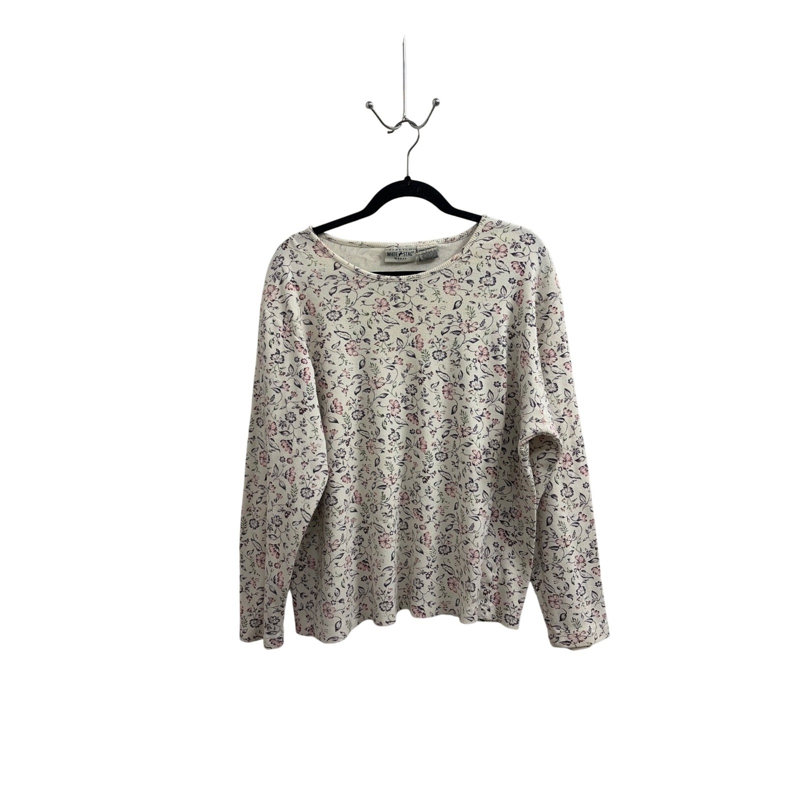 Top Floral Cottagecore White Stag Women 22W/24W Cream Ribbed Long Sleeve Stretch