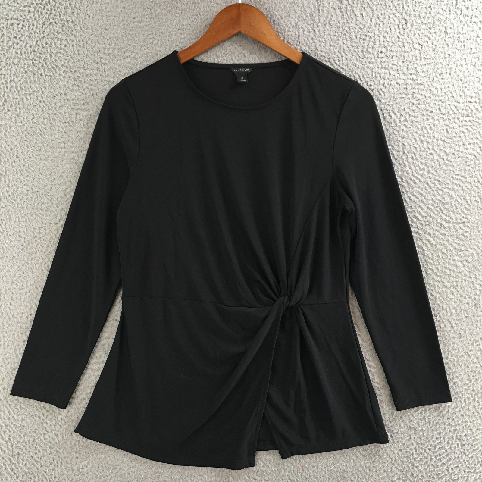 Ann Taylor Top Women M Twist Front Long Sleeve Stretch Blouse Knot Detail Black