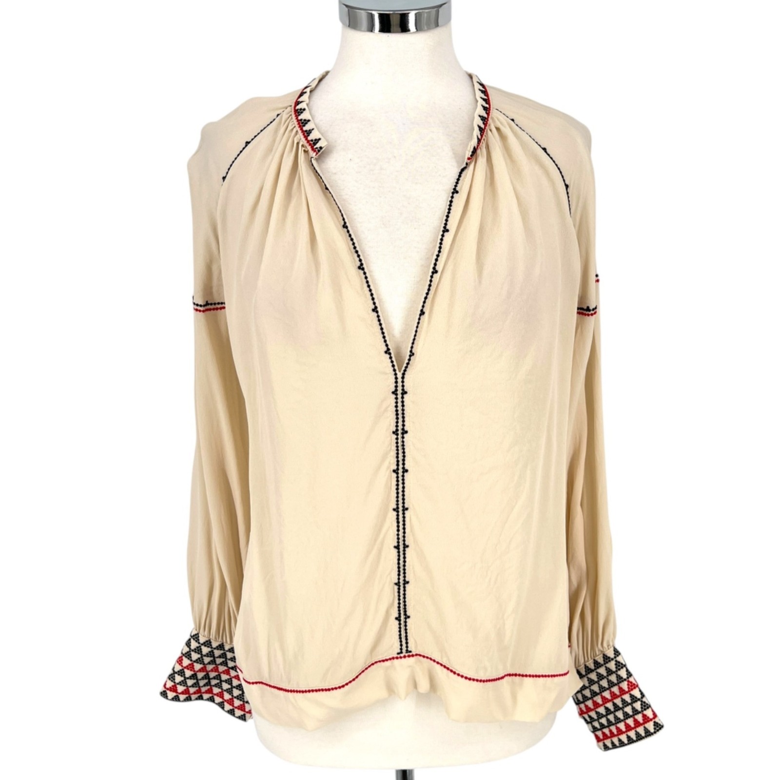 Magali Pascal Alexi Blouse Natural Boho Embroidered Cuff Peasant Top Size Large