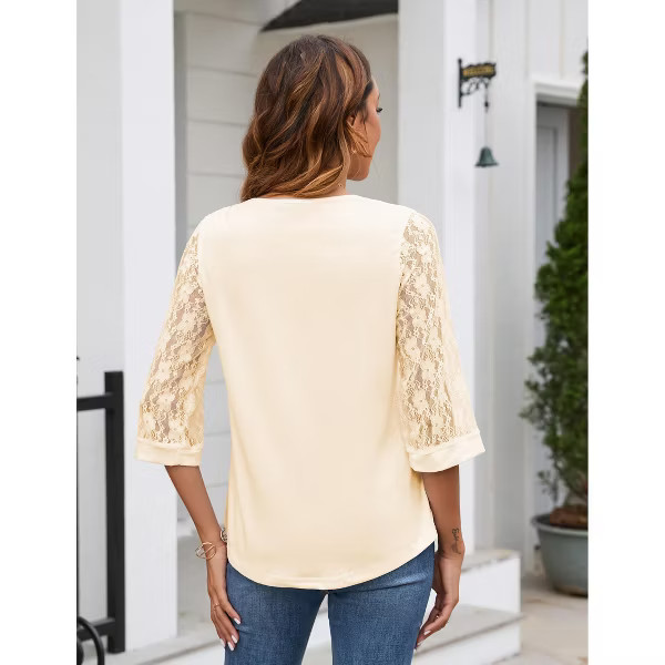 Womens 3/4 Sleeve Patchwork V Neck Lace Sleeve Tops Spring Summer Elegant Soild