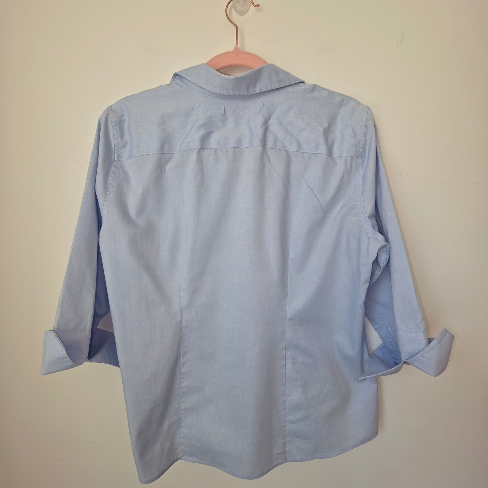 Lands End No Iron Pinpoint Oxford Shirt Light Blue 3/4 Sleeve Blouse 12P Womens