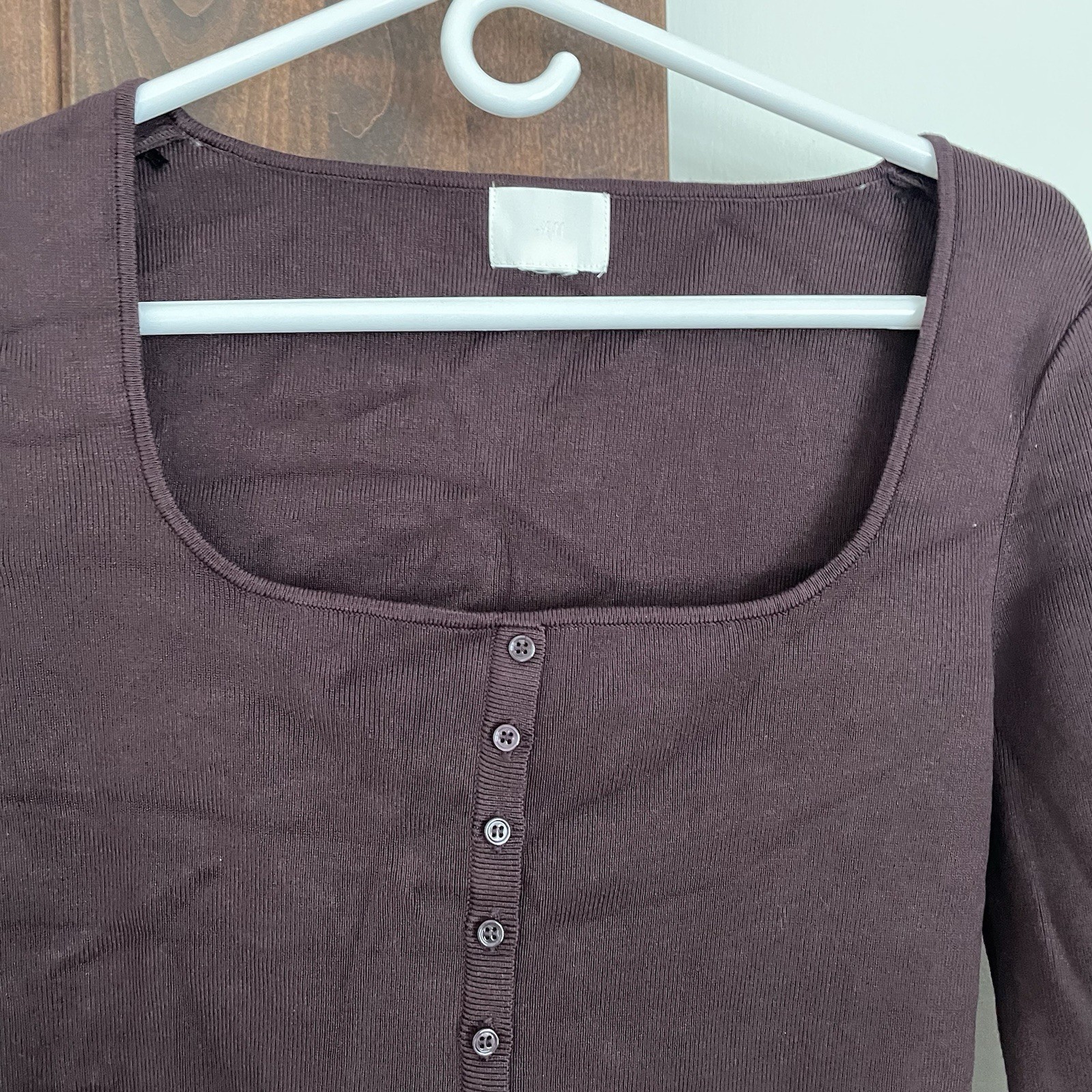 H&M Burgundy Ribbed Square Neck Long Sleeve Top Size Medium Knit