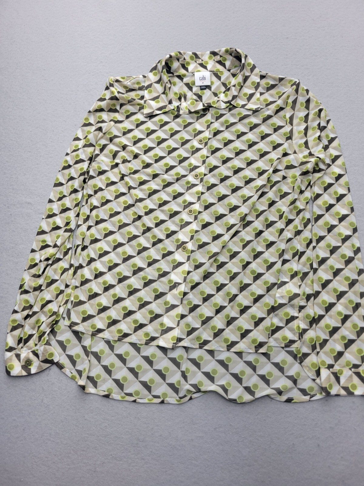 Cabi Women Top Medium Green Blouse Long Sleeve Geometric Nylon Blend Casual