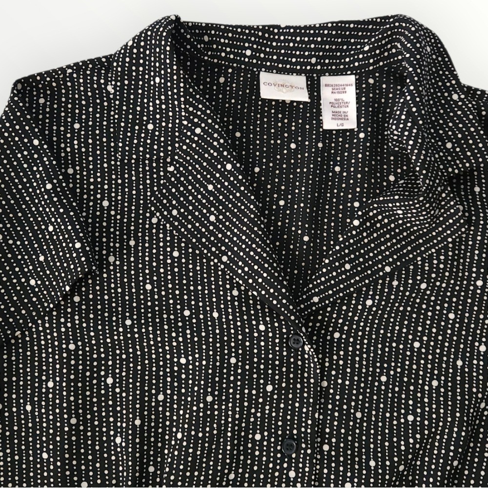 Covington Black Polka Dot Blouse Womens L Vintage Office Shirt 90s Cap Sleeves