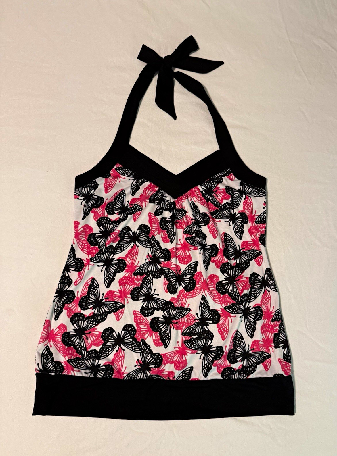 StudioY Women’s L Halter Top Adjustable Tie Crossover Butterfly Black Pink White