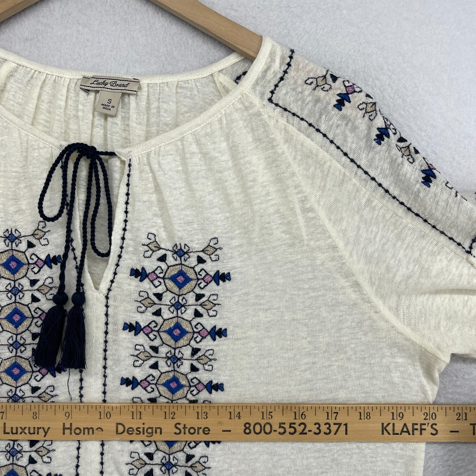 LUCKY BRAND Top S Boho Peasant Tunic Tassel Tie Slub Linen Blend Off White