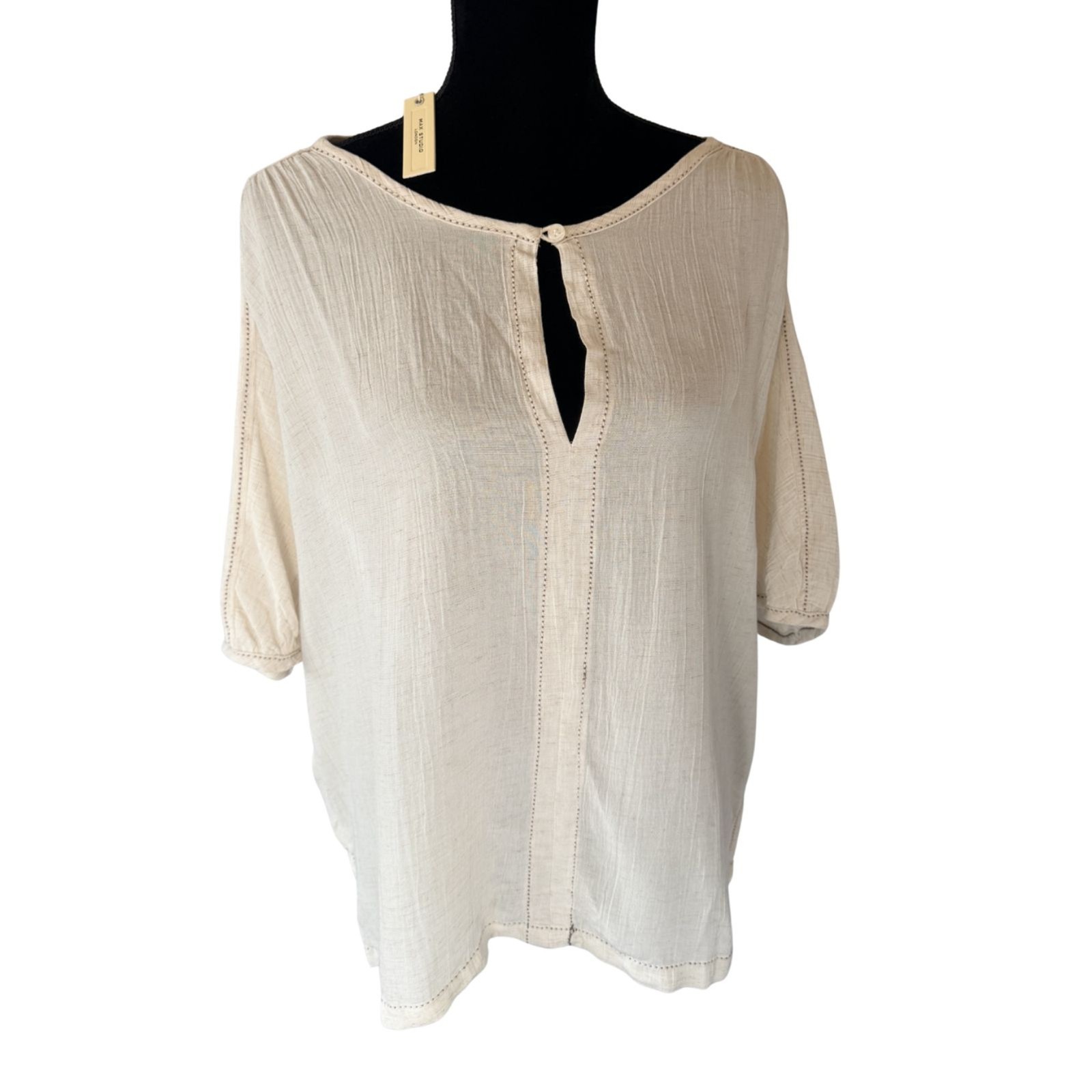 NWT $98 Max Studio London Women’s L Boho Linen Blend Keyhole Tunic Top