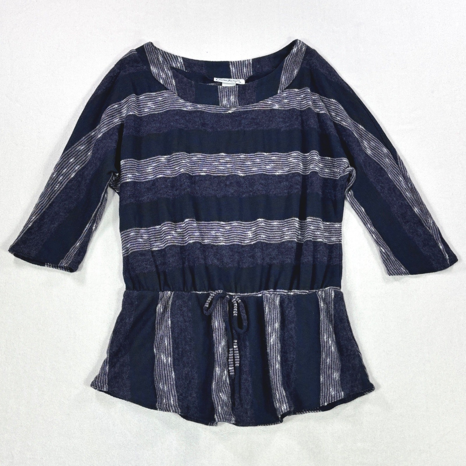 Vtg Claudia Richard Navy Blue Striped 3/4 Sleeve Peplum Cinched Waist Top M