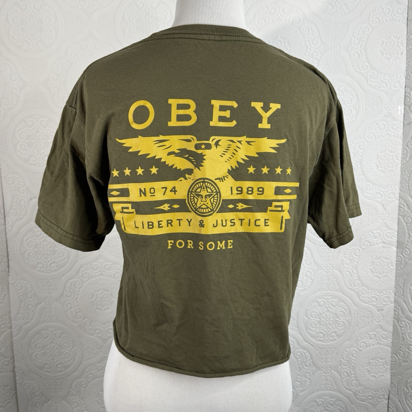 Obey Crop Top sz Small T-Shirt Army Green Yellow Eagle Military Liberty FOR SOME
