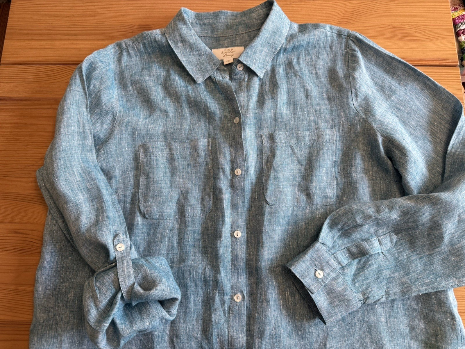 New No Tag Charter Club Luxury Women Linen Roll-tab Sleev Button Blue Shirt Sz L