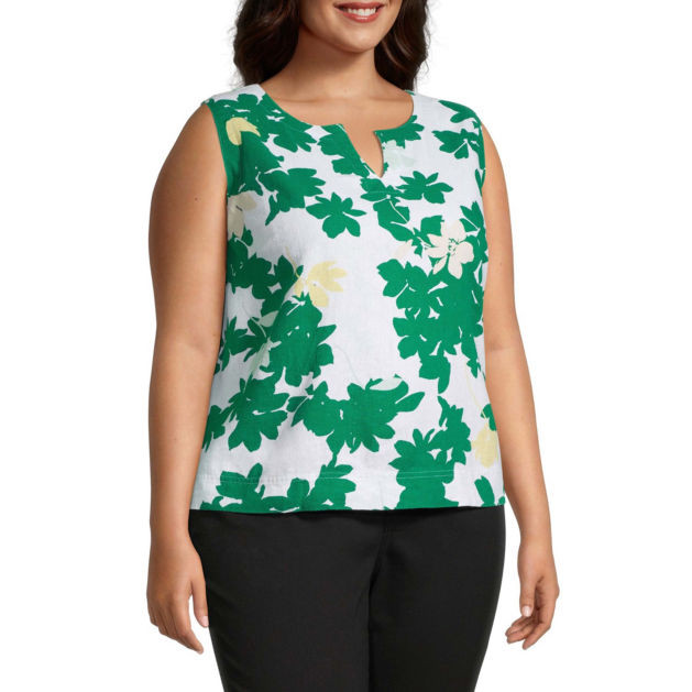 LIZ CLAIBORNE Plus 2X Green Sleeveless Split Neck Shell Tank Linen Rayon Floral