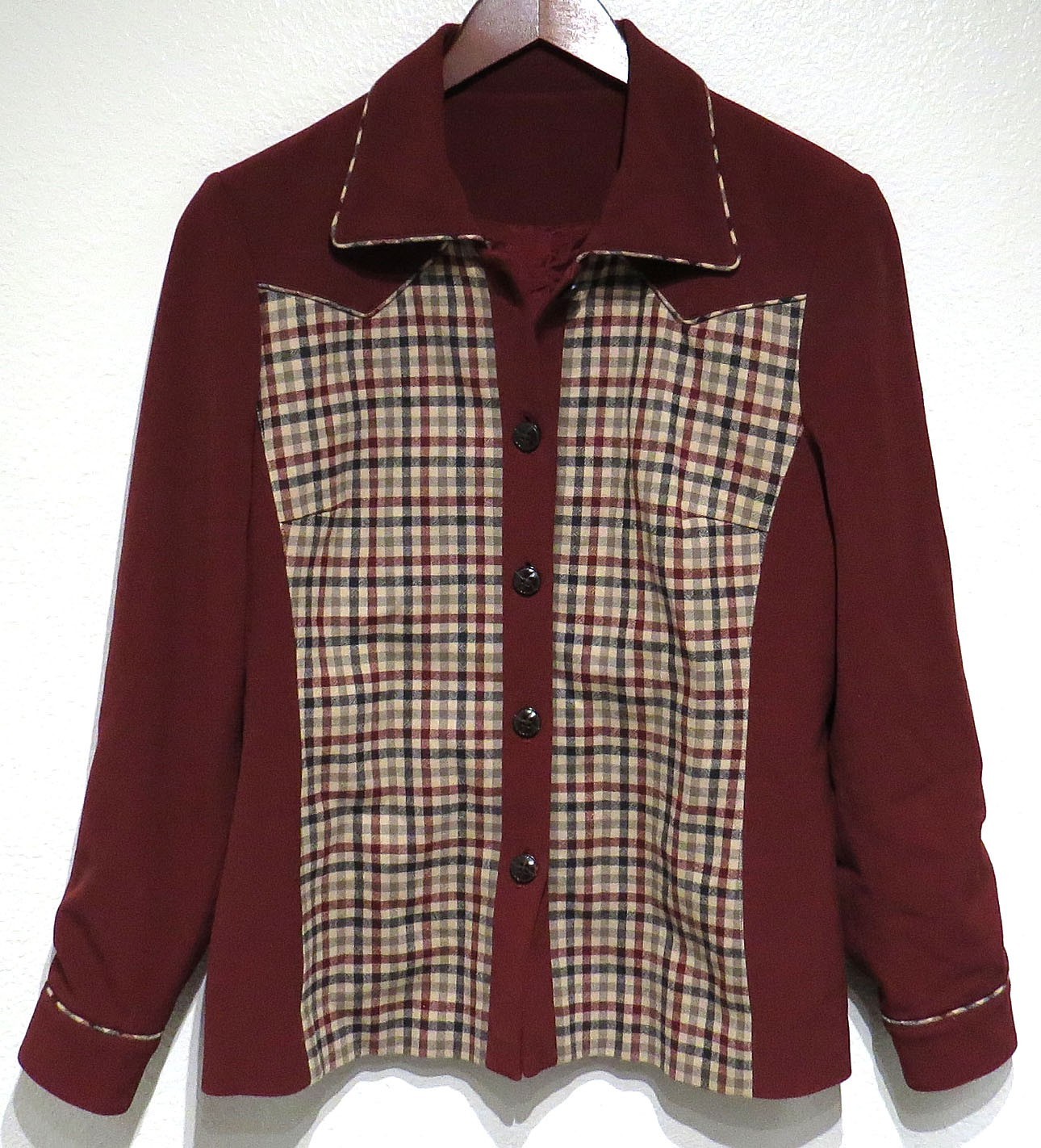 Burgundy Beige Check WOOL GABARDINE Button Shirt Women MED Satin Lining Two Tone