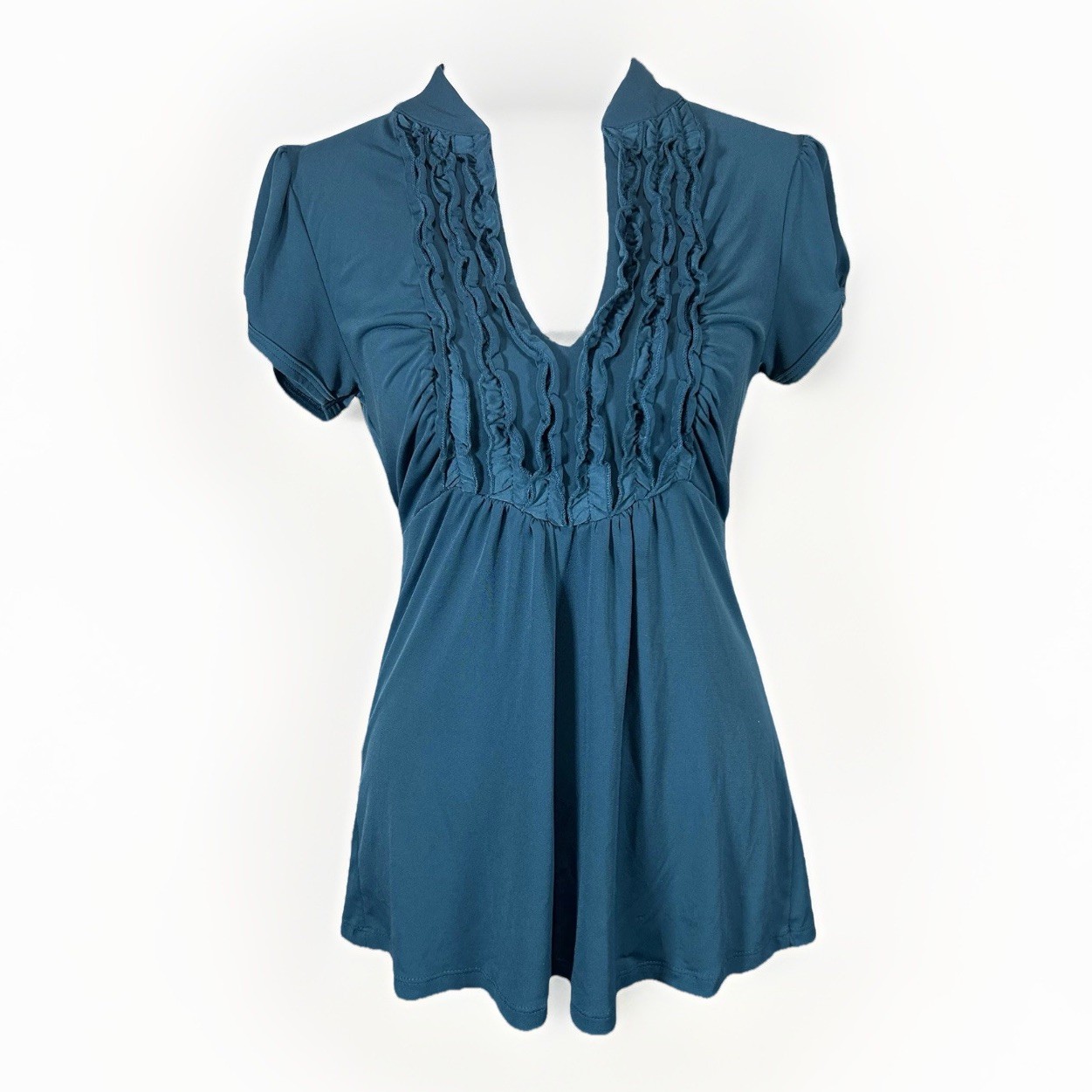 Heart Soul Blouse Top Teal Ruffle Bust Low Cut Y2K Retro Romantic Sz L Juniors