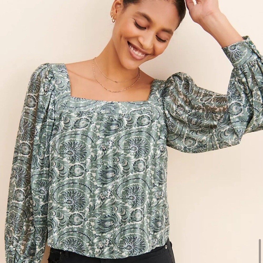 Lucca Blouse Square Neck Floral Print Balloon Sleeve Peasant Crop Womens XS