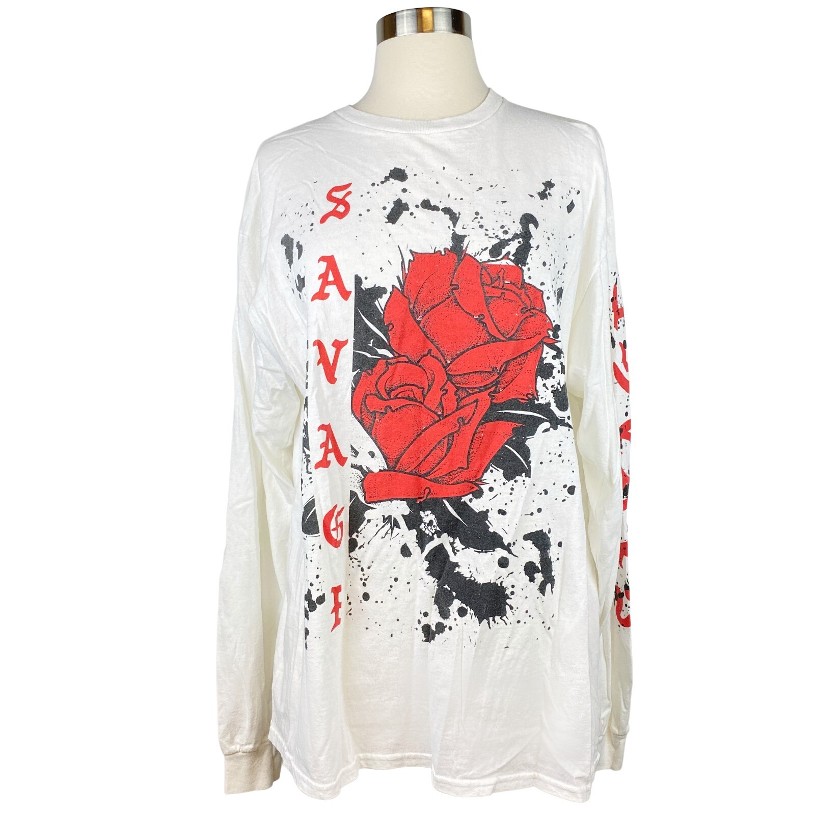 POPULAR POISON SAVAGE women’s white with Red Rose and Black splatter Size Large