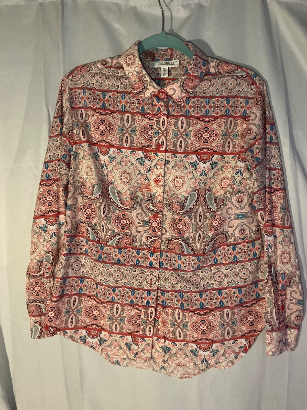 Coolibar Button Down Shirt Womens Small Pink Blue Paisley Patterned UPF 50+