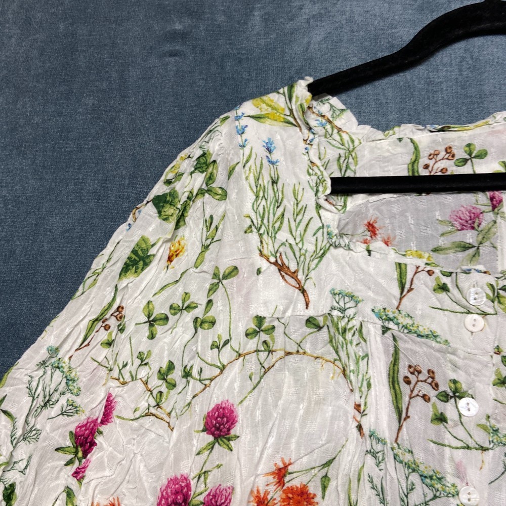 Rachel Zoe Blouse Top Women Medium White Floral Puff Sleeves Casual Button Front
