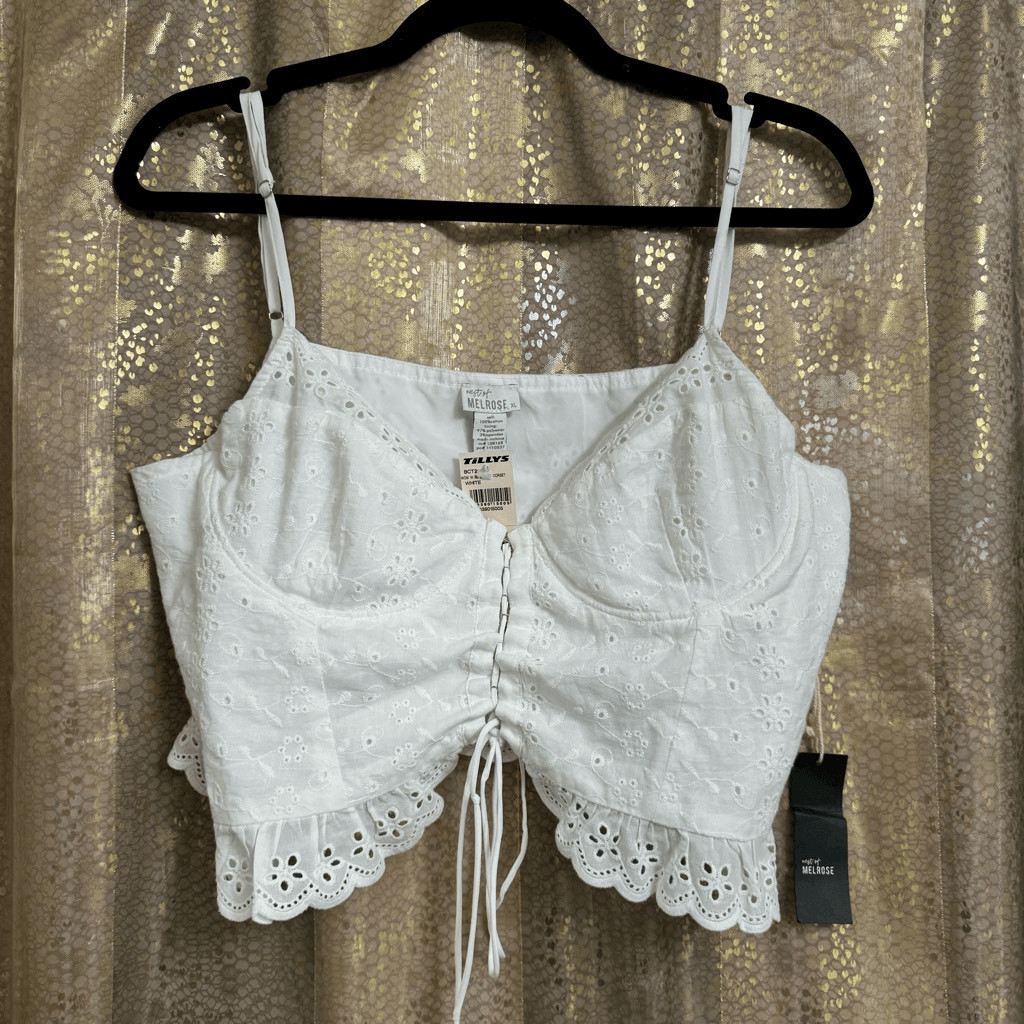 West of Melrose White Eyelet Lace Up Corset Top XL NWT