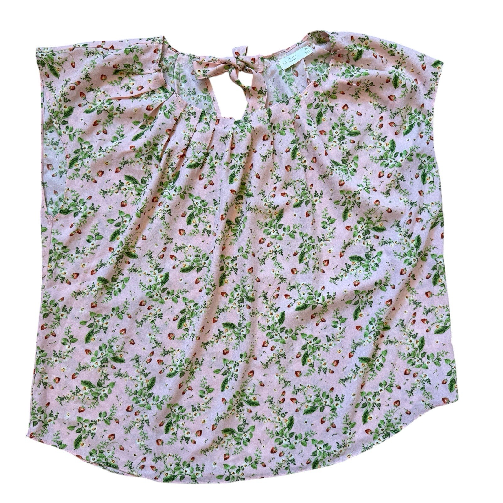 LC Lauren Conrad Strawberry Pink Floral Flutter Sleeve Tie Back Neck Blouse XL