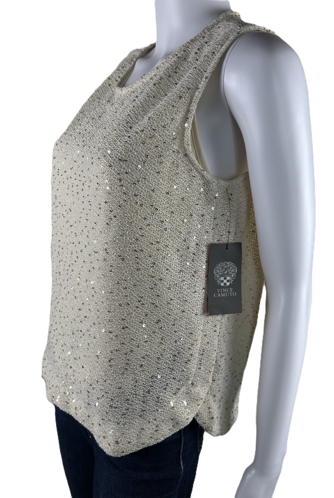 Vince Camuto Womens Medium Sequin Sleeveless Knit Top Fresh Tropics Almond NWT