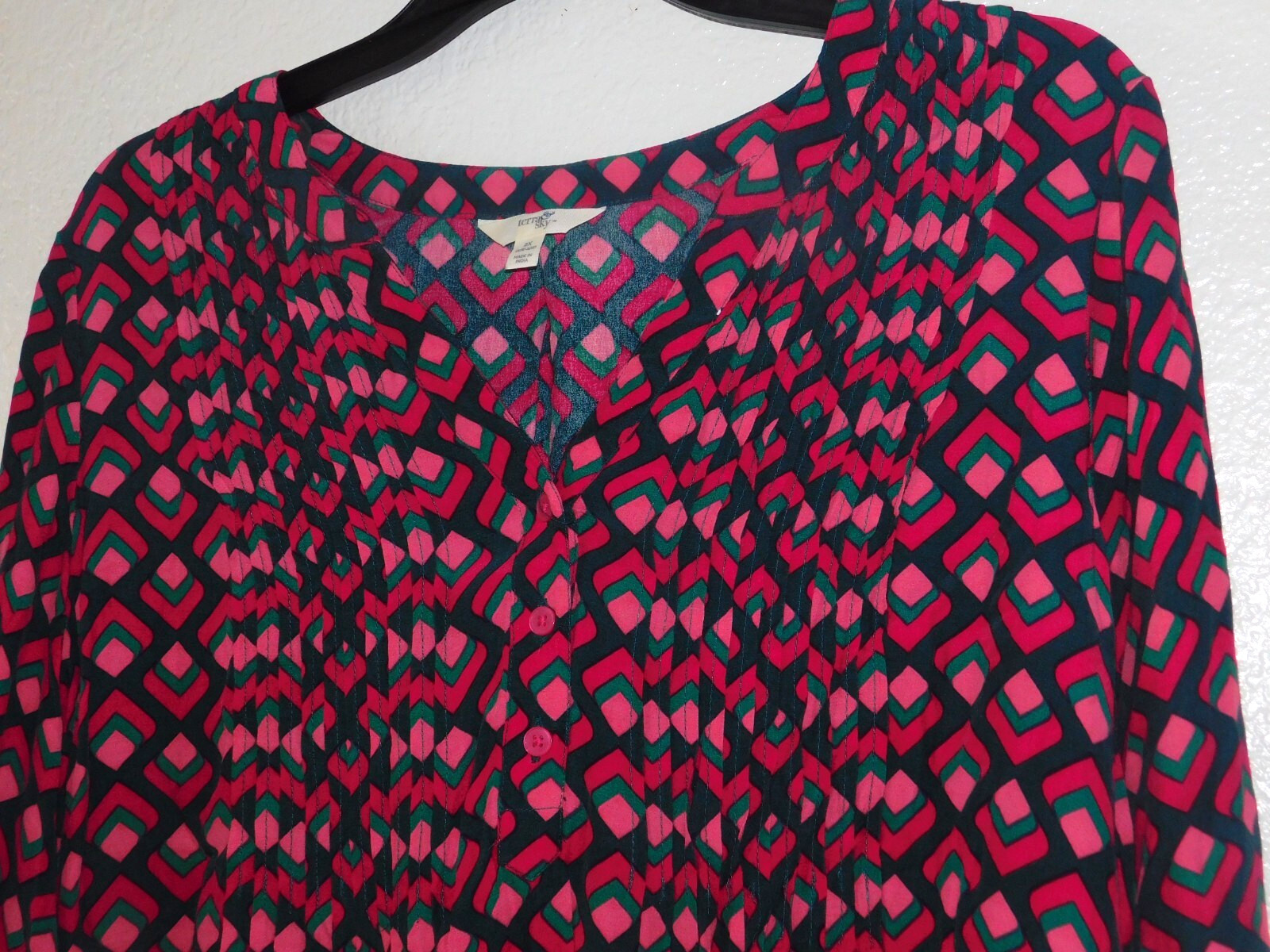 Womens Dress Shirt 2X 20W 22W Pink Purple Green Pattern Pleated Blouse