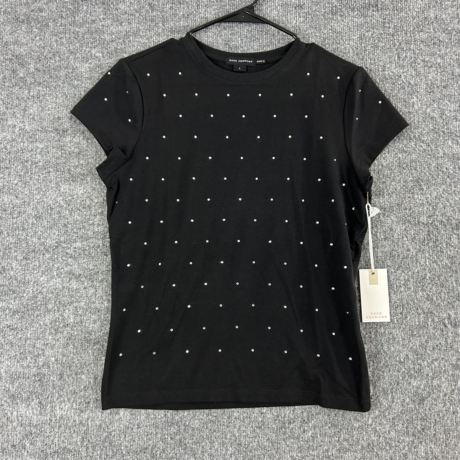 Good American Shirt Large Crystal Baby Tee Black Rhinestone Fitted Stretchy