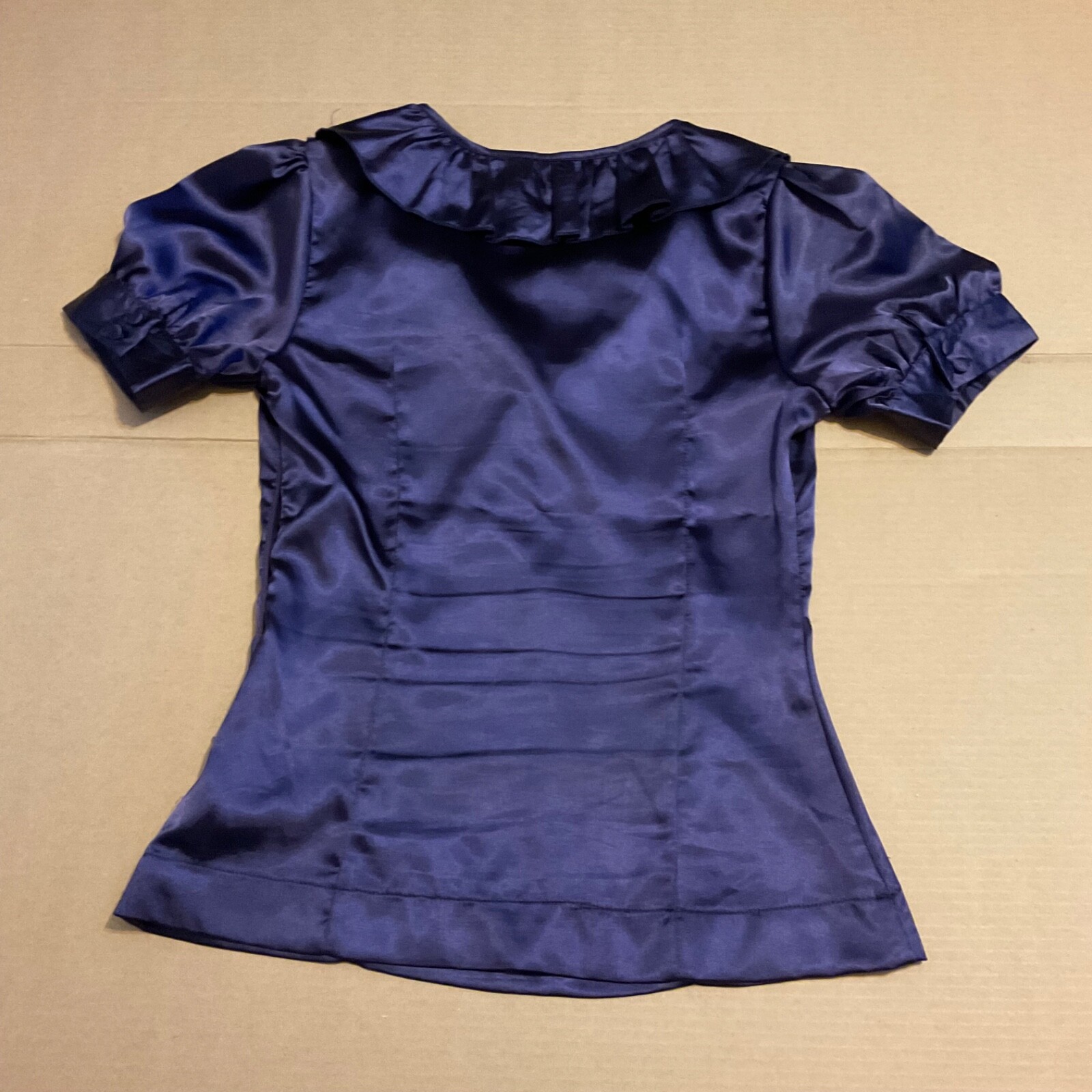 Goth Edwardian Victorian Style Short Sleeves Ruffle Shiny Purple Blouse Top Sz S