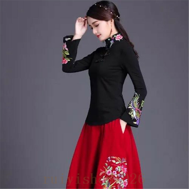 Womens Embroidery Chinese Cheongsam Long Sleeve High Neck T Shirt Pullover Retro