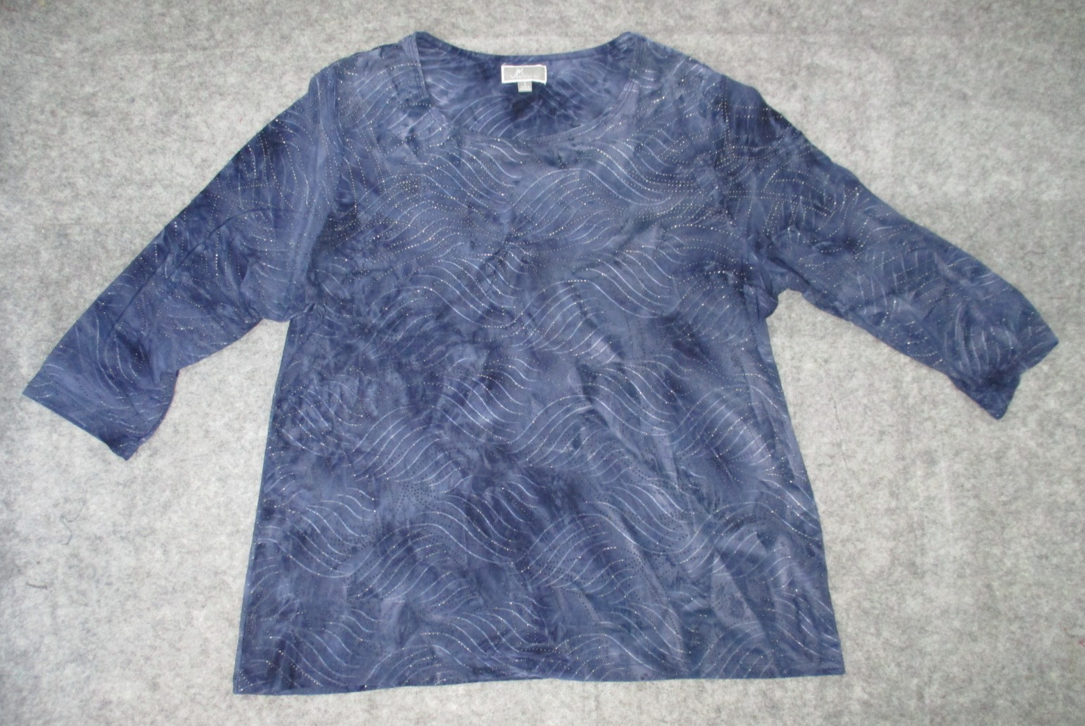 JM Collection Womens L Top Dark Blue Starry Night Sparkle 3/4 Sleeve Rhinestones