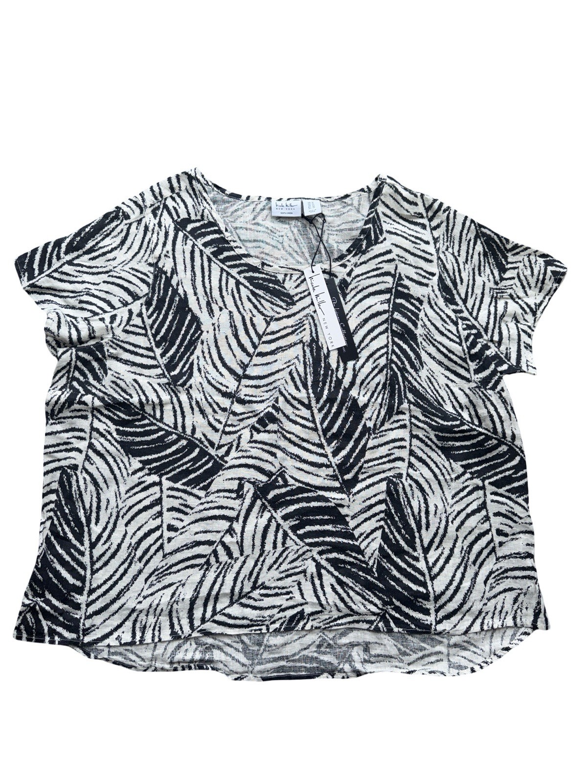 NICHOLE MILLER BLACK & WHITE TROPICAL PRINT / LINEN Blouse Size 1X New