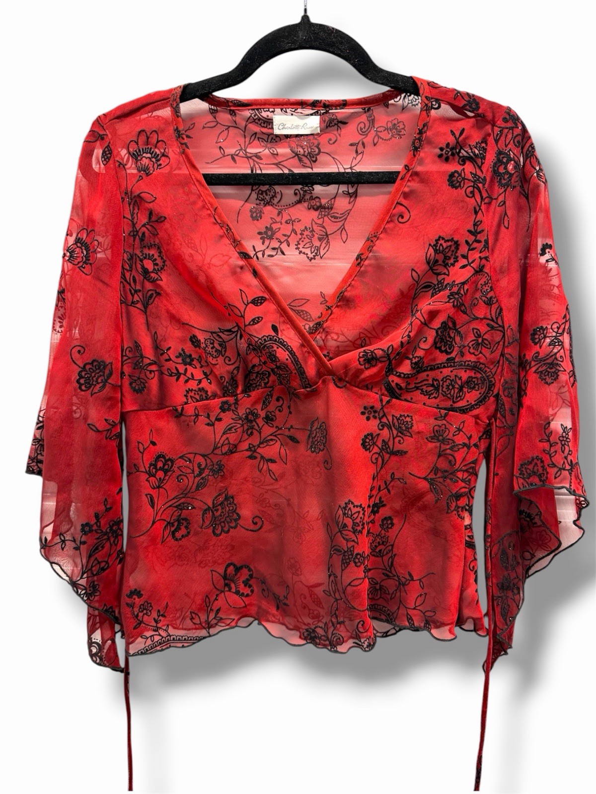 Charlotte Russe Sheer Floral Mesh Top Womens Medium Red Black Y2K Boho Festival