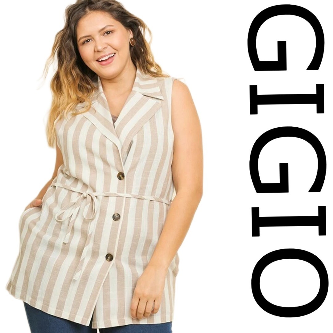 XL- PLUS 1XL GIGIO by UMGEE LATTE Striped Belted Button Pockets VEST/TOP BHCS
