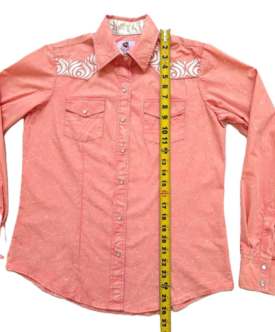 Wired Heart Western Cowgirl Shirt M Pink Embroidered Blouse Pearl Snap Coral