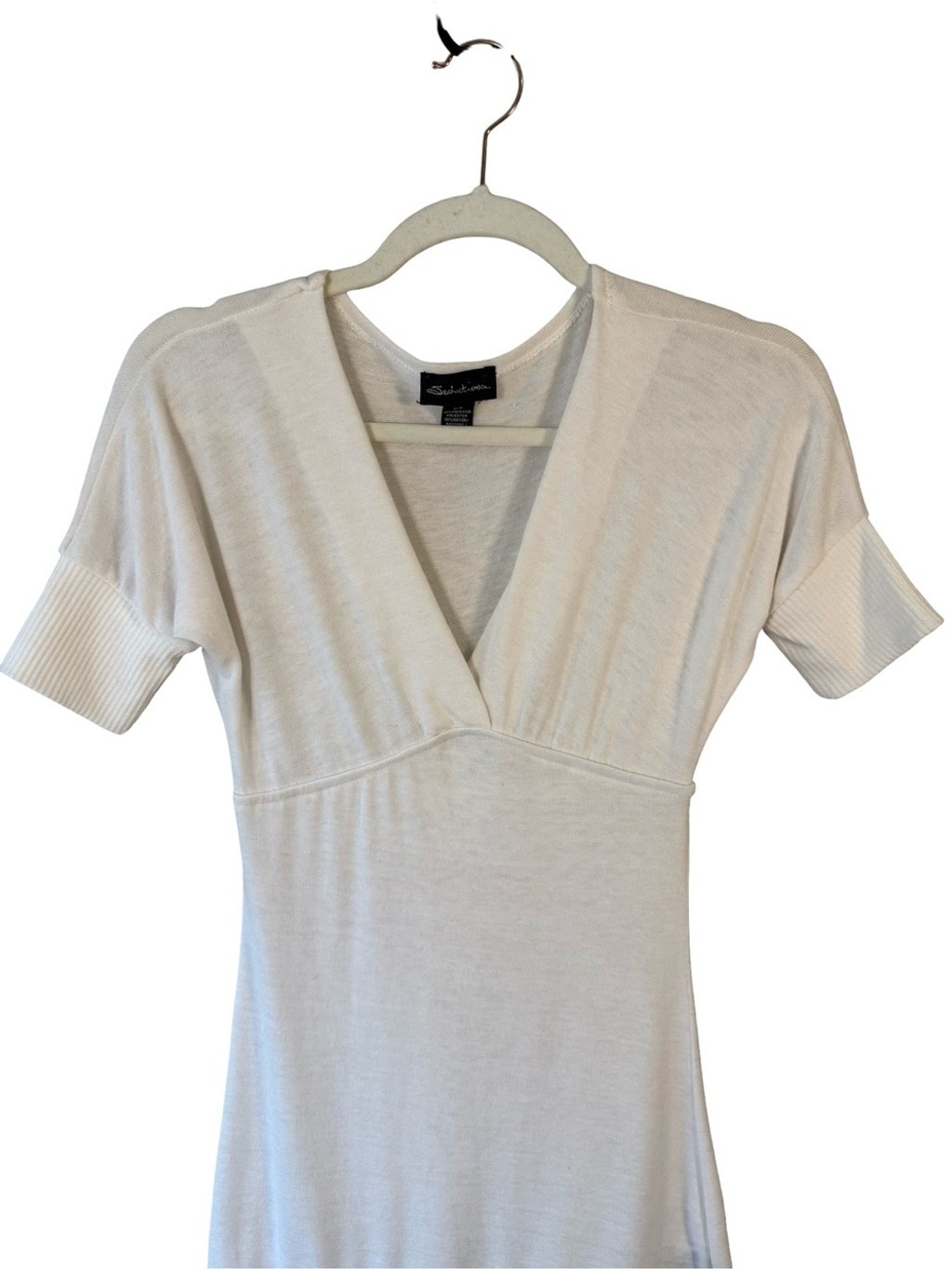 Seductions Ivory Deep V-Neck Short Sleeve Knit Top Size S Minimalist Neutral