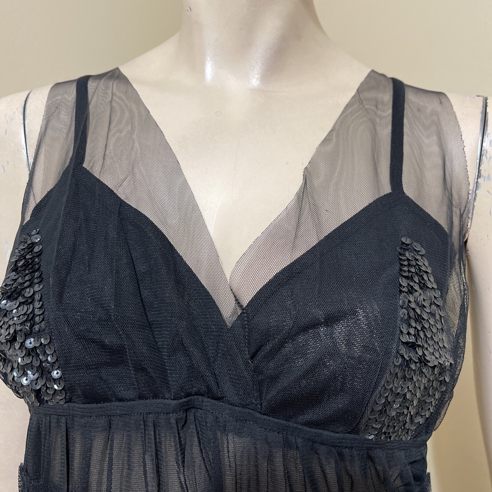 Women’s Black Polyester Cocktail Layered Lace Beaded Pleated Size L Blouse Top