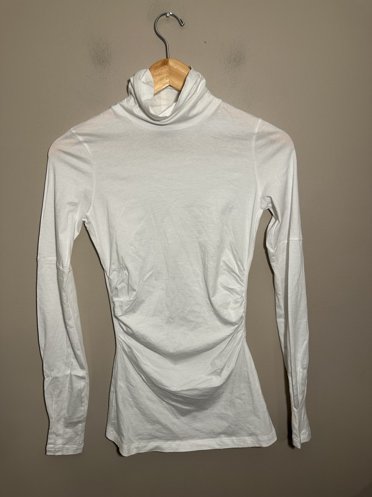 Theory Womens Turtleneck Long Sleeve Top Small Cotton Spandex Ruching White