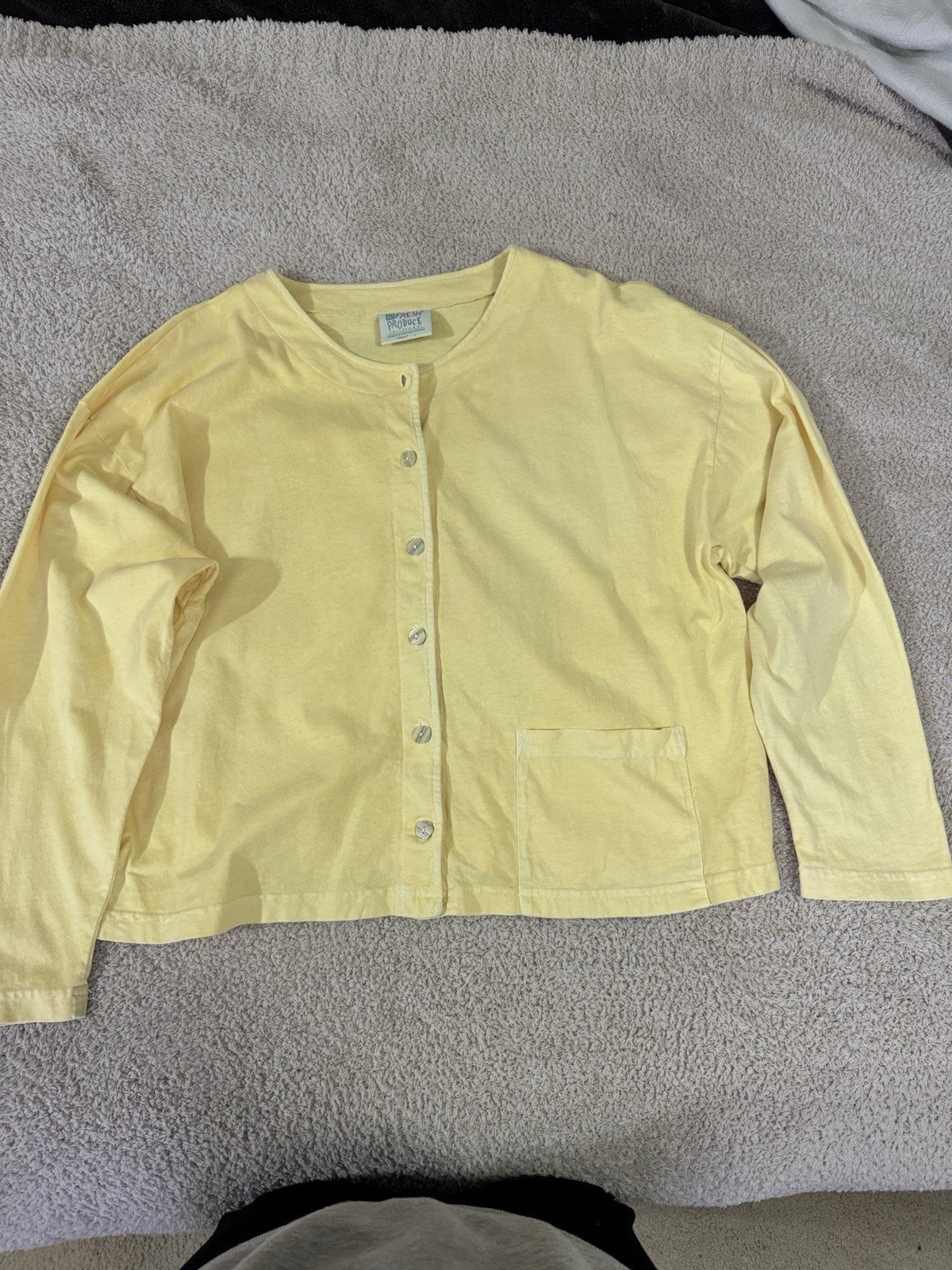 VTG Fresh Produce Butter Yellow 100% Cotton Cardigan L Made in USA Cottagecore